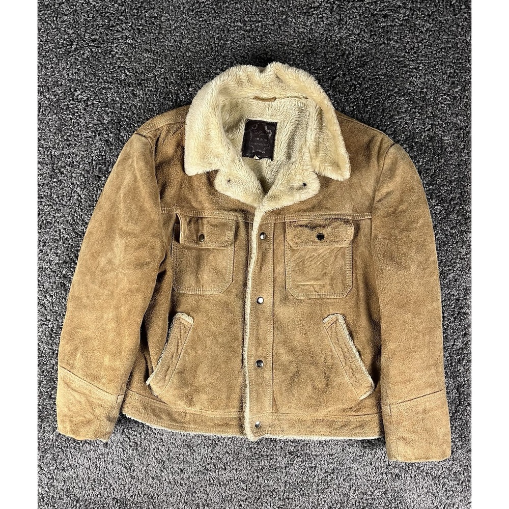 Vintage 70s The Rancher Jacket Original Men 46 Suede Leather Faux Fur Lined Snap